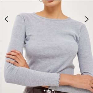 TOPSHOP grey long sleeve lettuce edge crop top